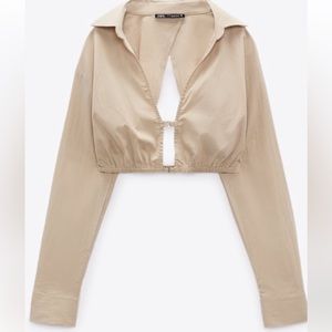 Zara Crop Shirt with Collar Size XS Khaki